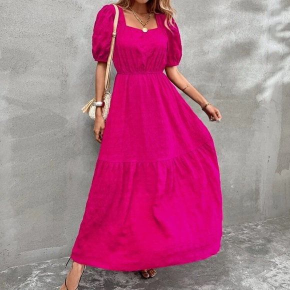 Boho  hot pink square neck A-line maxi dress - Picture 11 of 16
